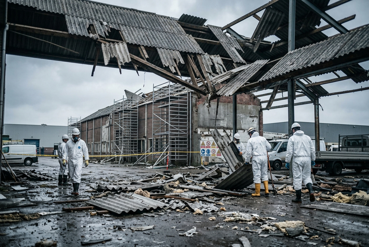 Asbestsanering van loodsen na stormschade